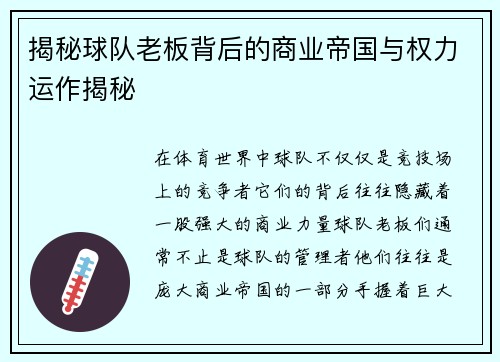 揭秘球队老板背后的商业帝国与权力运作揭秘