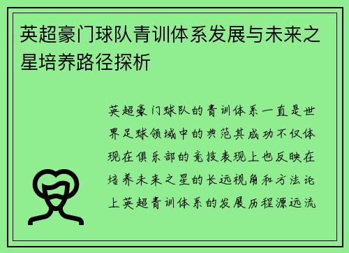 英超豪门球队青训体系发展与未来之星培养路径探析
