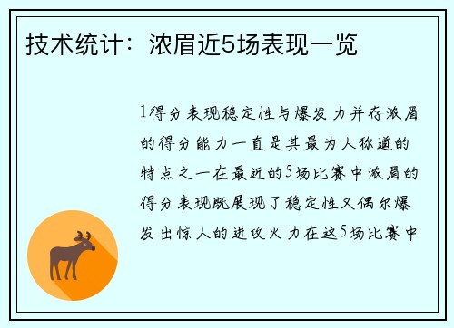 技术统计：浓眉近5场表现一览