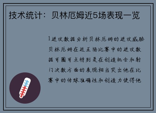 技术统计：贝林厄姆近5场表现一览